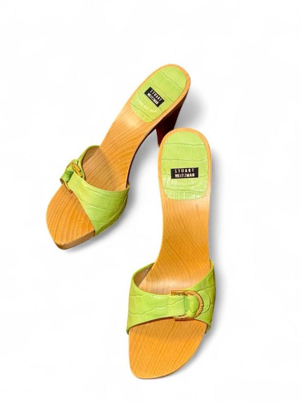 Y2K Stuart Weitzman Lime Green Croc-Embossed Leather Wood Block Heel Mules - Picture 2 of 6